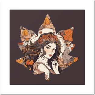 Autumn girl in maple leaf beautiful design Posters and Art